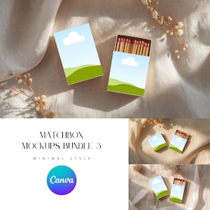 May include: Matchbox mockups bundle 3 with a minimal style. The matchboxes have a blue sky and green landscape design. One matchbox is open, revealing the matches with red tips.