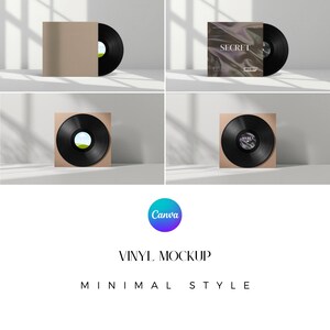 May include: Vinyl record mockups in a minimalist style. The image shows a black vinyl record with a brown sleeve, and another with a cover that says "SECRET". The records are displayed against a white background with shadows.