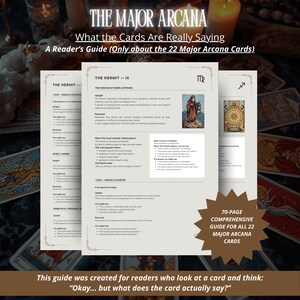 May include: A comprehensive 70-page guide to the Major Arcana tarot cards. The guide, titled "What the Cards Are Really Saying," features detailed explanations of the 22 Major Arcana cards, with the text "THE MAJOR ARCANA" at the top.