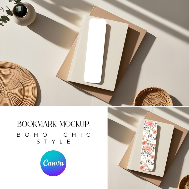 May include: Two stacks of books with a bookmark mockup. The top bookmark is blank and the bottom bookmark has a floral pattern. The text "BOOKMARK MOCKUP BOHO - CHIC STYLE Canva" is on the bottom of the image.
