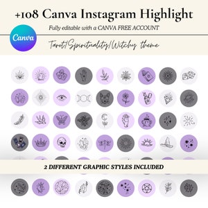 Può includere: Un set di 108 copertine per highlight di Instagram con varie illustrazioni a tema tarocchi, spiritualità e stregoneria. Le copertine sono in due stili grafici diversi: cerchi viola e grigi con contorni bianchi e cerchi bianchi con contorni neri. Le illustrazioni includono un cristallo, un gatto, una luna, un sole, una piuma, una farfalla, un'ape, una mano, una tazza, una stella, una corona, un teschio, una libellula, un cappello da strega e altro ancora.