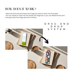 May include: Two images showing a bookmark mockup. The first image shows a bookmark with a blue sky and green grass design. The second image shows a bookmark with a floral design. The text "DRAG AND DROP SYSTEM" is visible above the images.