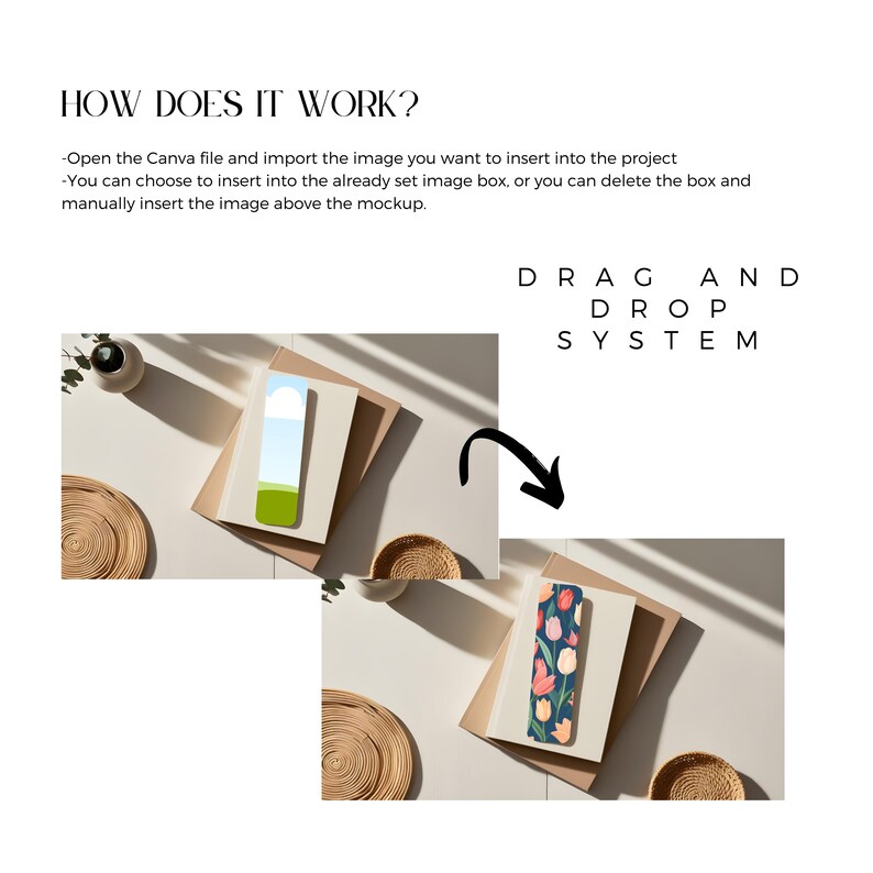 May include: Two images showing a bookmark mockup. The first image shows a bookmark with a blue sky and green grass design. The second image shows a bookmark with a floral design. The text "DRAG AND DROP SYSTEM" is visible above the images.