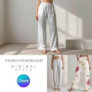 Op de afbeelding: Witte pyjamabroek met een wijd model. De afbeelding is een mockup met de tekst "PAJAMA PANTS MOCKUP MINIMAL STYLE" en een Canva-logo. Extra afbeeldingen tonen vergelijkbare pyjamabroeken.