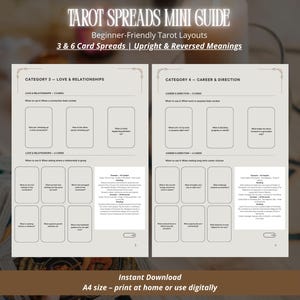 Può includere: Una mini guida ai tarocchi con layout di tarocchi per principianti. La guida presenta stese a 3 e 6 carte, significati dritti e rovesciati e categorie per amore e relazioni e carriera e direzione. Download immediato, formato A4, da stampare a casa o da usare digitalmente.