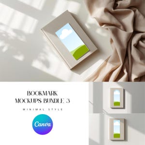 Può includere: Un libro beige con un segnalibro a tema paesaggio con cielo blu, nuvola bianca e colline verdi. L'immagine include tessuto beige e il testo "BOOKMARK MOCKUPS BUNDLE 3 MINIMAL STYLE Canva".