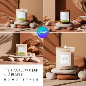 Può includere: Tre mockup di candele in stile boho con elementi naturali. Le candele sono su un letto di pietre ed erbe secche. Le candele sono bianche e hanno etichette con diversi design.