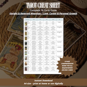 Può includere: Un foglio di trucchi dei tarocchi con il testo "TAROT CHEAT SHEET" e "Complete 78 Cards Guide". La guida include significati diritti e rovesciati per amore, carriera e crescita personale. È una guida completa di 8 pagine.