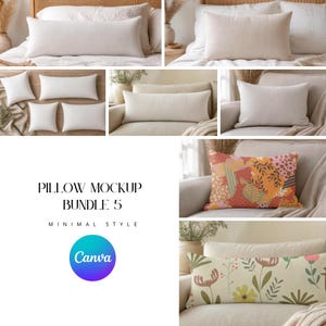 Può includere: Una collezione di cuscini rettangolari e quadrati in vari design color crema tinta unita e fantasia, tra cui forme astratte arancioni e rosa e una stampa floreale con fiori verdi e rosa su sfondo crema, etichettata come Pillow Mockup Bundle 5.