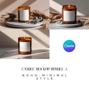 May include: Three amber glass candle jars with white labels on a light brown surface. The candles are surrounded by dried grasses and stones. The image is lit with natural light, creating shadows.