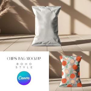 May include: A white blank chip bag mockup with a light wood background. The bag is standing upright and has a slight curve to it. The bag is in focus and the background is slightly blurred. The text "CHIPS BAG MOCKUP" is in black text at the top of the image. The text "BOHO STYLE" is in black text below the first line of text. The text "Canva" is in a blue, purple, and green gradient circle below the second line of text. The image is a mockup for a chip bag design.