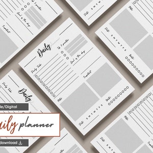 Può includere: Un planner giornaliero stampabile con un design semplice. Il planner include sezioni per attività giornaliere, obiettivi del giorno, note ed elementi importanti. Il planner è disponibile per il download digitale.