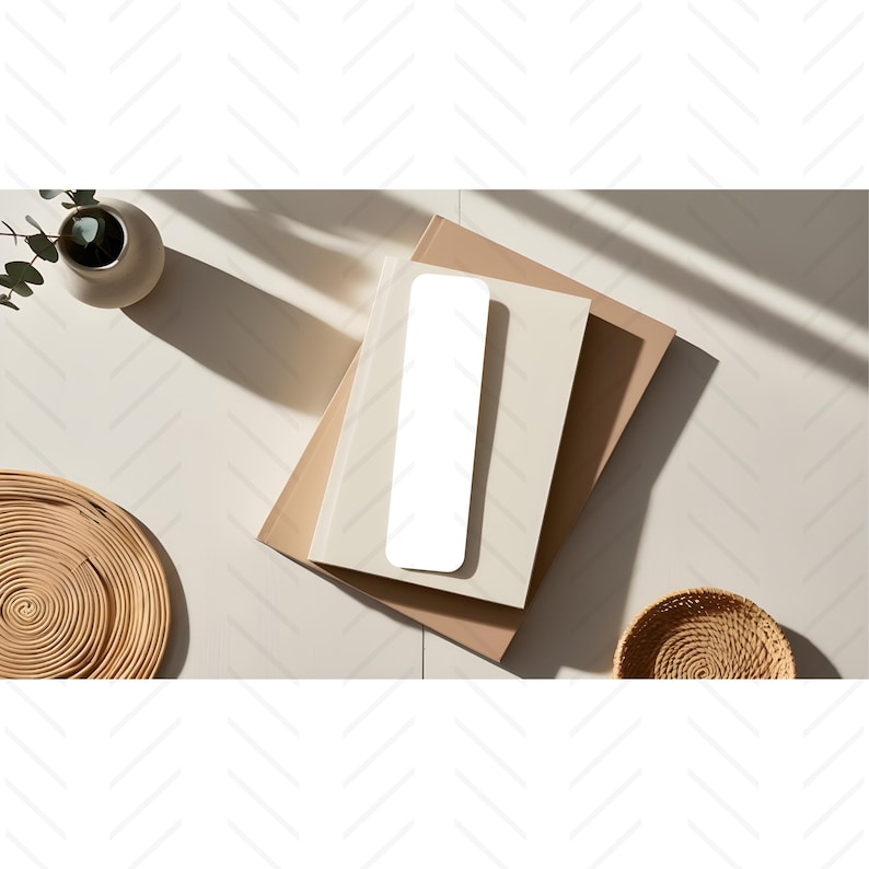 May include: A white rectangular bookmark on top of two beige books. The books are on a light beige surface with a woven basket and a potted plant in the background.