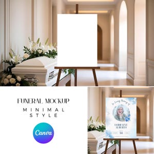 May include: A white casket with white flowers on top. A wooden easel with a blank canvas is in front of the casket. The easel is in a hallway with white walls and a white tiled floor. The text "FUNERAL MOCKUP MINIMAL STYLE Canva" is below the image.