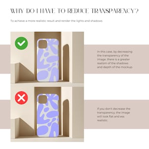 May include: Two images of a phone case with a white background and a purple abstract design. The image on the left shows the case with a reduced transparency, resulting in a more realistic shadow. The image on the right shows the case with a higher transparency, resulting in a flat shadow.