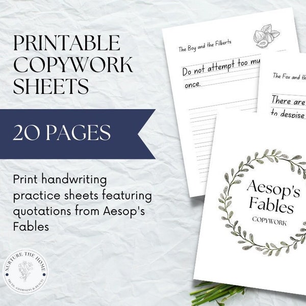 Aesop's Fables Print Handwriting Practice Sheets, Printable Copywork Pages for Charlotte Mason Homeschooling, Literature, and Morning Time