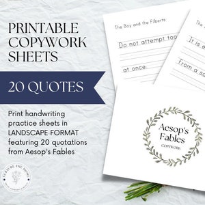 Aesop's Fables Print Handwriting Practice Sheets, Printable Copywork Pages for Charlotte Mason Homeschooling, Literature, and Morning Time
