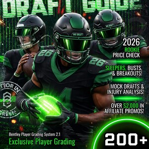 May include: A digital graphic titled BETTOR IN GREEN DRAFT GUIDE featuring three football players in black and green uniforms with helmets and glowing visors. The image includes text about 2026 rookie price checks, player profiles, and rankings.