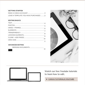 May include: A black and white image of a laptop computer with a white screen and a pair of glasses on a white surface. The image is part of a guide to Canva basics, with a table of contents listing topics such as text, photos, grids, frames, elements, transparency, locking elements, clone and add pages, grid view, and merging documents. The guide also includes a link to Canva tutorials on YouTube.