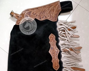 Custom Made Western Fringe Chinks Black Color Leather Chinks Horse Riding chap with free Shipping.