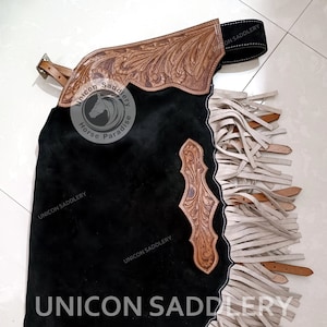Black Color Suede Leather chaps Full grain Hand tooled Top and side yokes light color fringes all sizes available with free shipping.