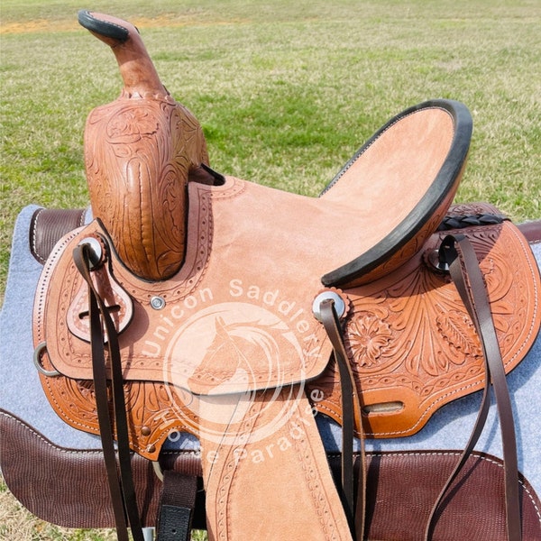 Kids Western Leather Hand carve Horse Saddle 8" Seat size with Free Shipping