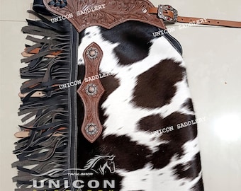 Custom Made Hair on Leather Western Chinks / Chaps Handmade Tooled Bull Trail Riding Small Medium Large Free Ship.