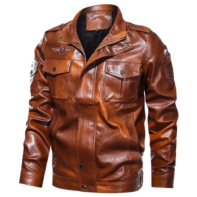 Men's Brown Color Leather Jacket Stand Collar With Full - Etsy