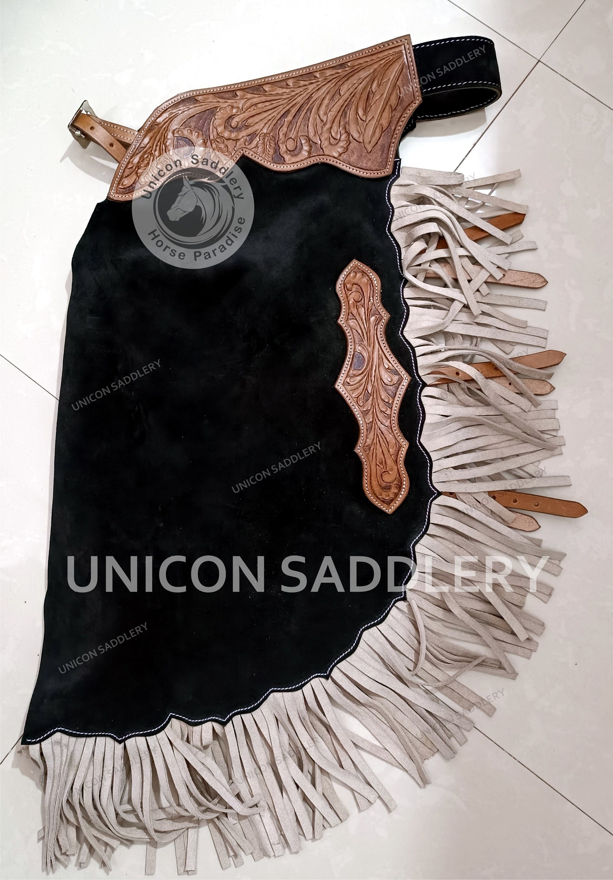 Custom Made Western Fringe Chinks Black Color Leather Chinks Horse Riding chap with free Shipping.