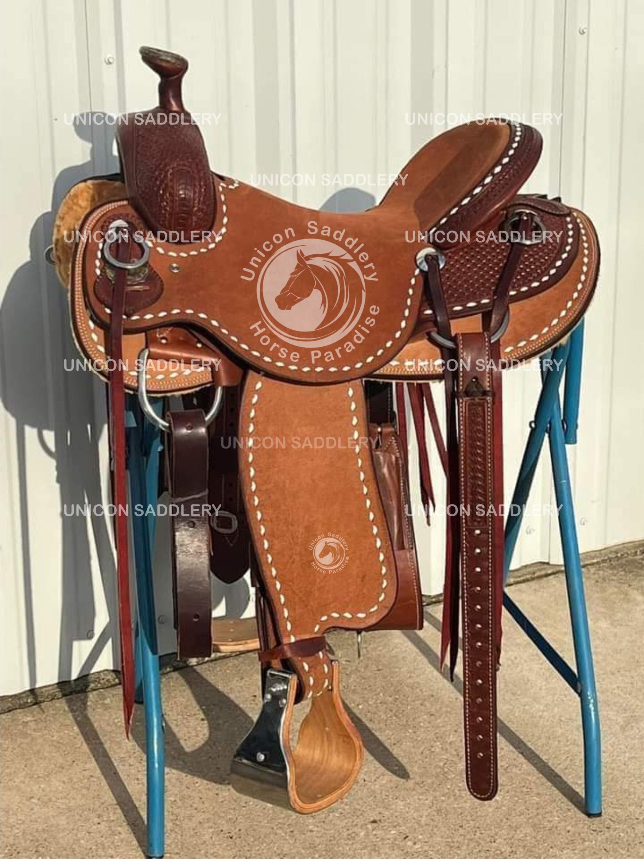Selle Western Barrel Racing En Cuir Faite Main – Inde – Ensemble Assorti Gratuit – Neuf