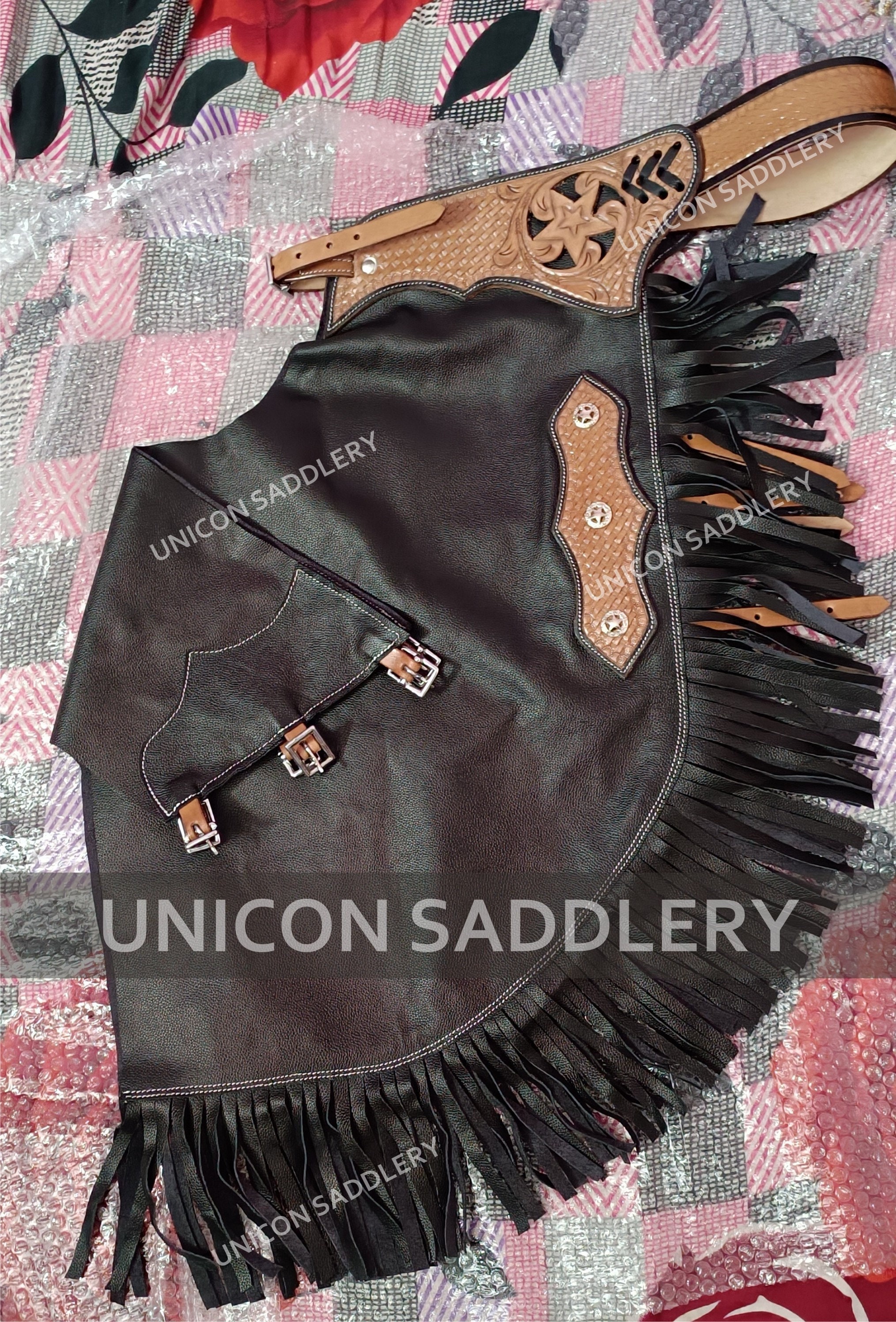 Custom Leather Western Chinks: Handmade Floral Tooled Trail Riding