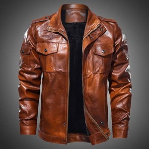 Men's Brown Color Leather Jacket Stand Collar With Full Zip up Stand ...