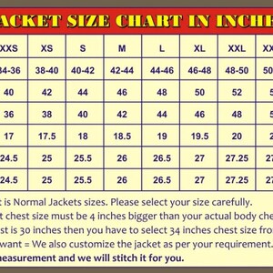 May include: A chart showing jacket sizes in inches. The chart includes measurements for chest, waist, shoulder, sleeves, and length. The sizes range from XXS to XXXXXL.