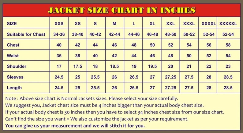 May include: A chart showing jacket sizes in inches. The chart includes measurements for chest, waist, shoulder, sleeves, and length. The sizes range from XXS to XXXXXL.