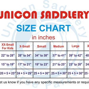 May include: A size chart for saddle pads in inches. The chart lists sizes from XX-Small for kids to XX-Large, with measurements for waist, leg circumference, and length plus fringe from hip to knee.