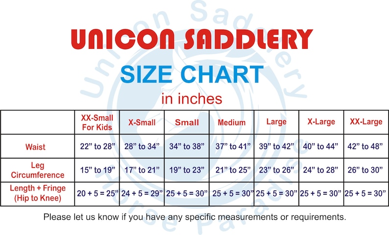 May include: A size chart for saddle pads in inches. The chart lists sizes from XX-Small for kids to XX-Large, with measurements for waist, leg circumference, and length plus fringe from hip to knee.