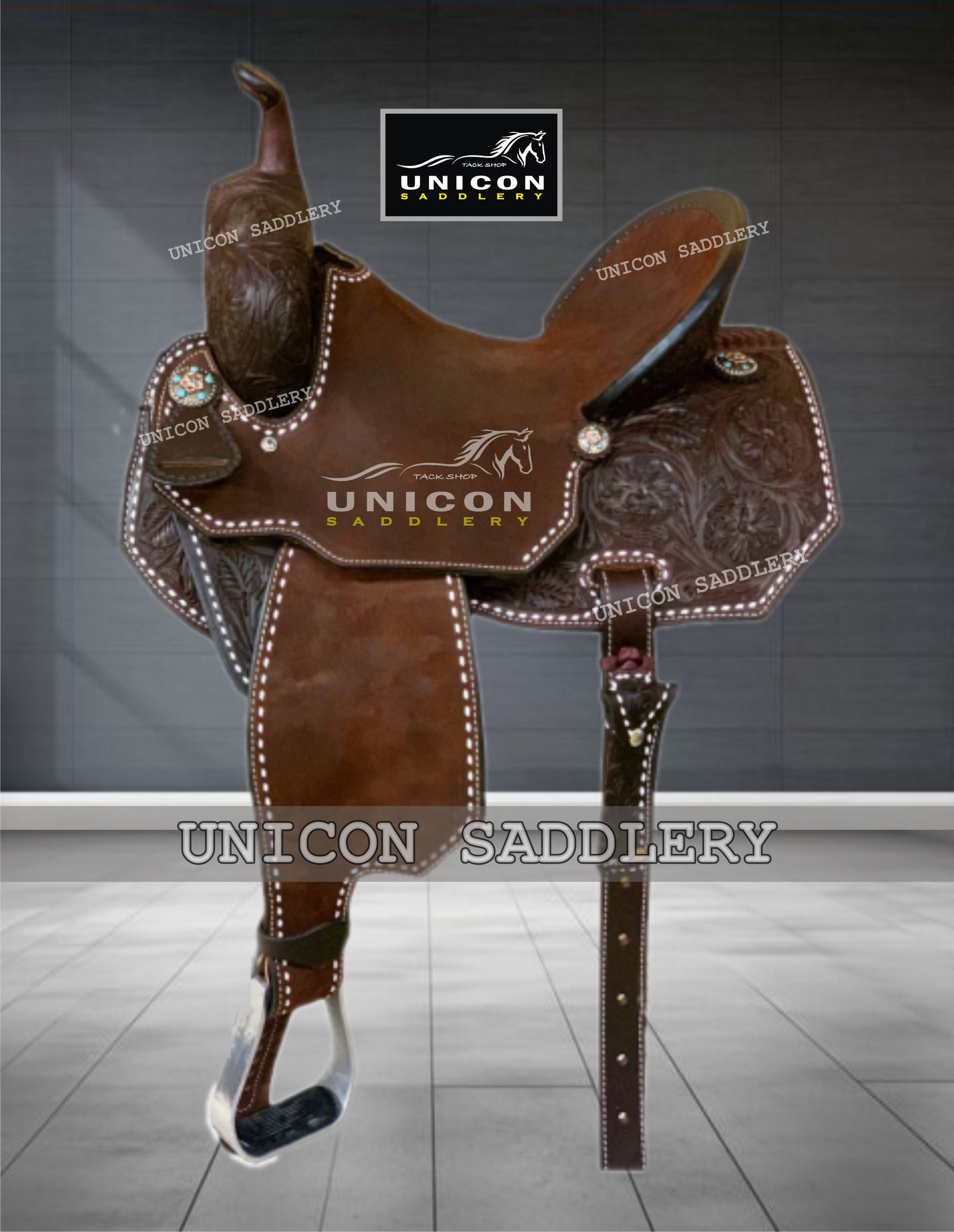 Selle western baril en cuir et daim, étriers en aluminium avec sellerie assortie et livraison gratuite (taille 10 à 18 disponible)