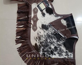 Custom Hair On Hide Leather Chinks: Hand Tooled Rodeo Chaps