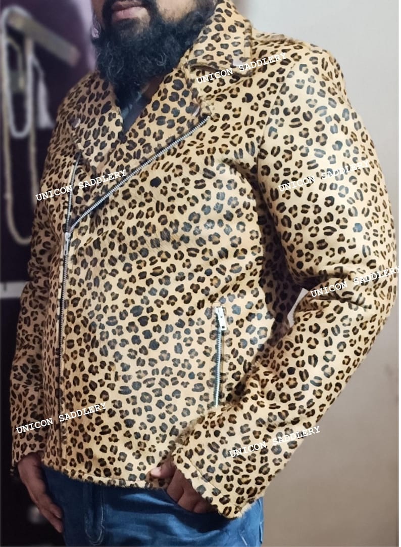 Leopard Print Hair on Men Leather Jacket, Leather Motorbike Jacket, Animal Print Hairon Leather Jacket, Vintage Leather Jacket Free Shipping