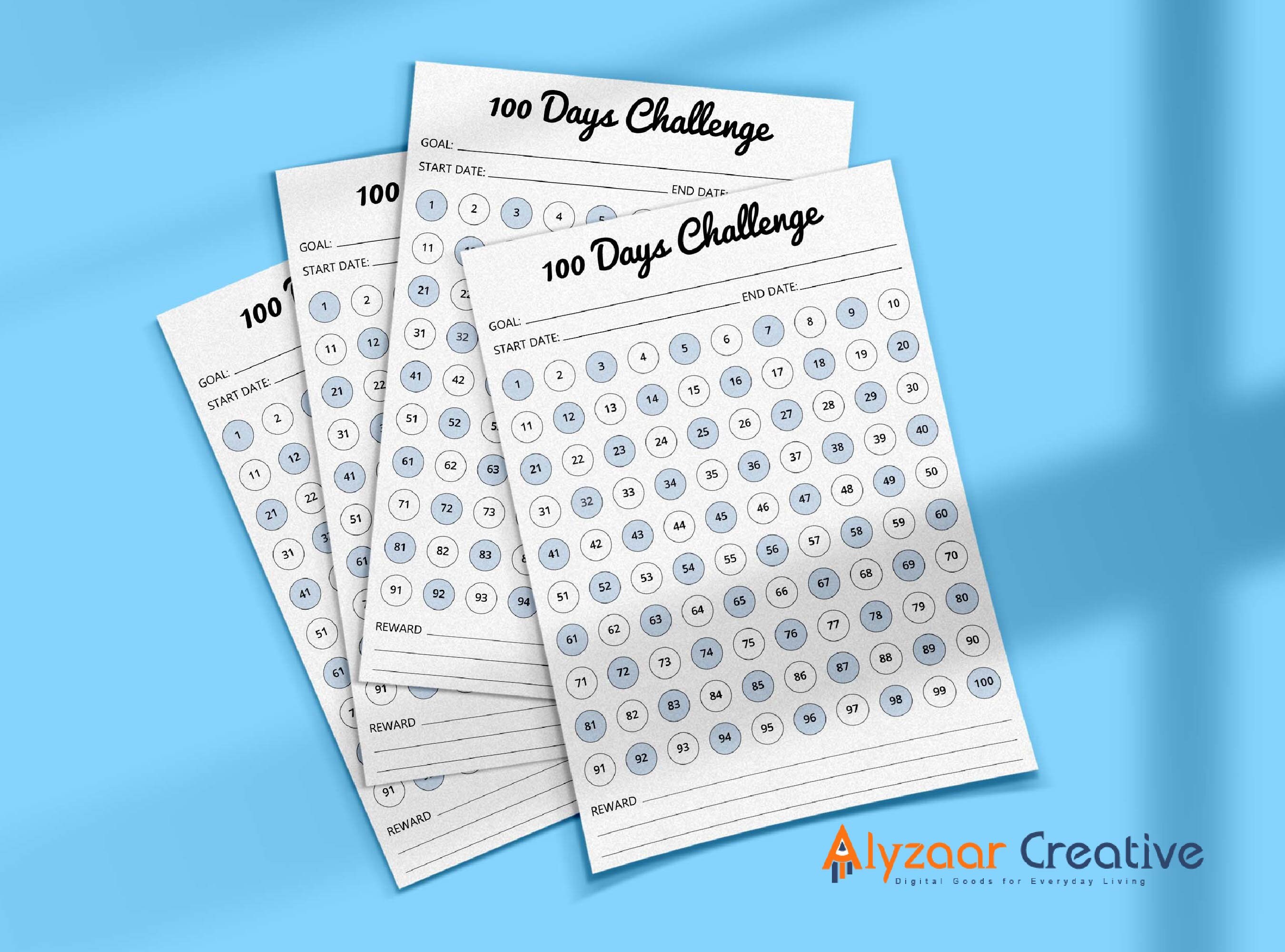 100 Days of Challenge 100 Day Challenge Sheet 100 Day Goal Tracker 100 ...