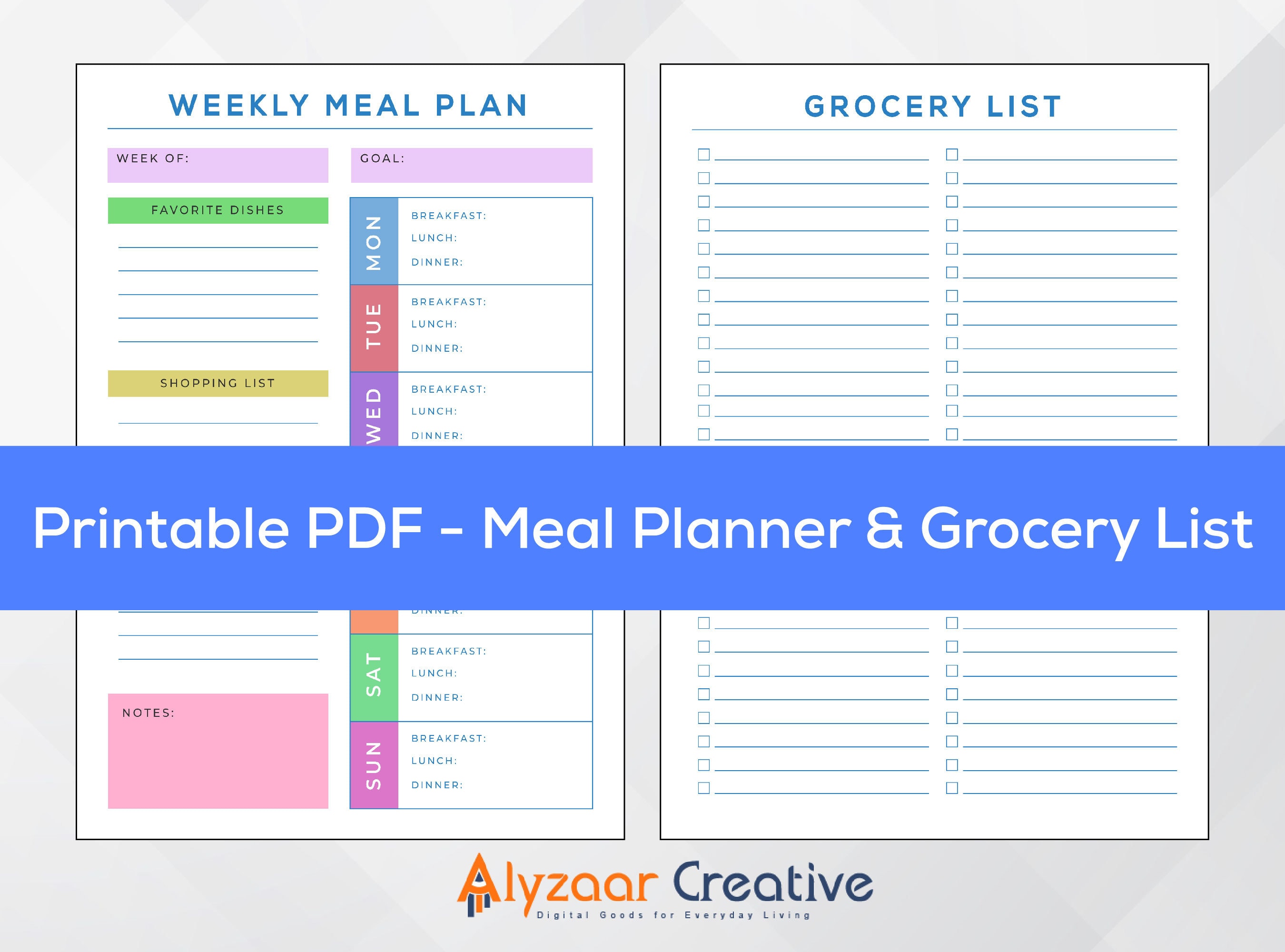 Printable Weekly Meal Planner Grocery List Printable Organization Tools ...