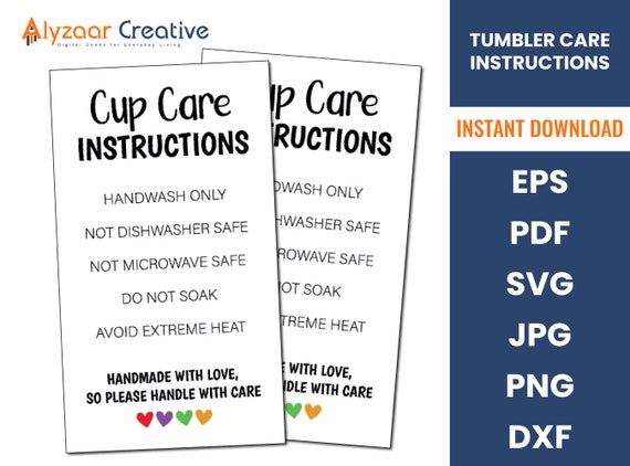 READY TO PRINT Tumbler Cup Care Instructions Card Cup Care Instruction Cards  Printable Cup Care Svg Washing Instructions Digital File 