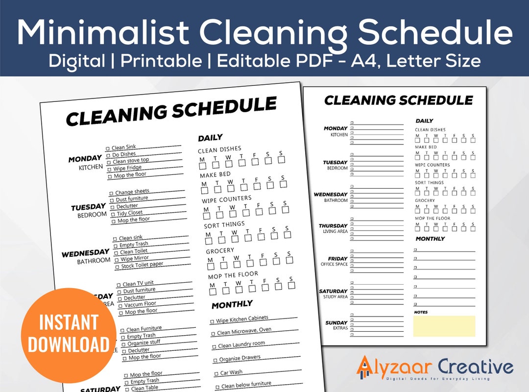 Editable Cleaning Schedule weekly, Monthly, Yearly Cleaning Checklist ...