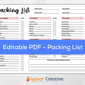Editable Packing List Printable Travel Checklist Packing List Printable ...