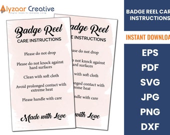 Modèle d’instructions d’entretien de la bobine de badge | Badge Reel Packaging Care Card Imprimable | Carte d’instructions d’entretien de la bobine de badge, PNG, PDF, SVG