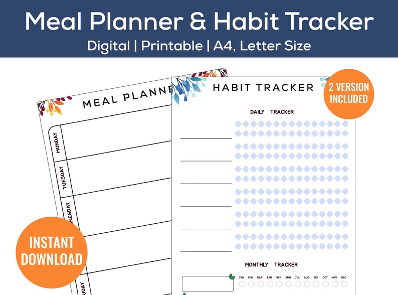 Printable Habit Tracker Printable Meal Planner Floral Meal Planner ...