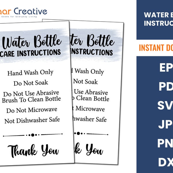 Printable Water Bottle Care Card SVG | Care Card Instructions | Water Bottle Large Instructions Care Card | Print and Cut File | Insert Card