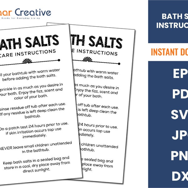 Printable Bath Salts Care Card | Epsom Salts Care Guide Template | Printable Bath Soak Safety Note | How To Use Bath Salt Instructions