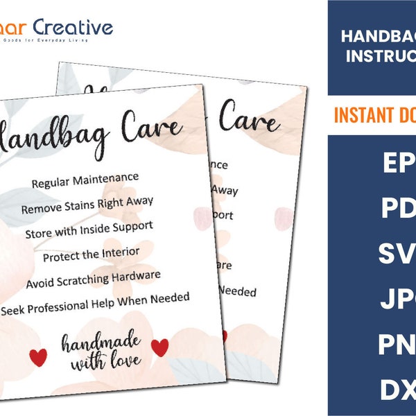 Printable Hand Bag Care Card | Purse Care Card Instructions | Print and Cut File | Handbag Care Guide Template | Package Insert