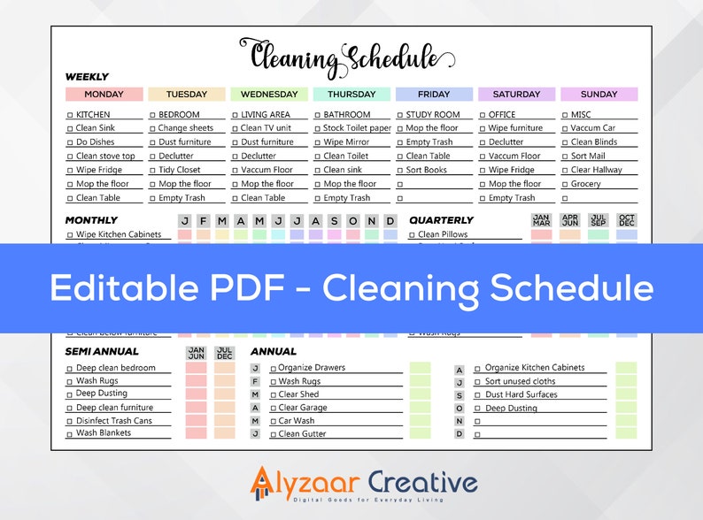 Editable Cleaning Schedule Printable Weekly Cleaning Schedule Printable